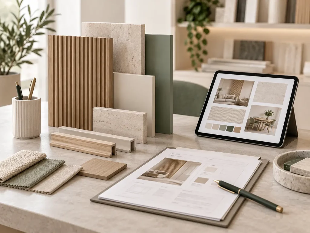 Espacio de diseño con muestras de materiales naturales