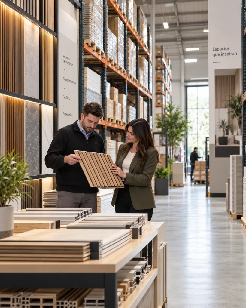 Profesionales revisando materiales en el showroom del almacén