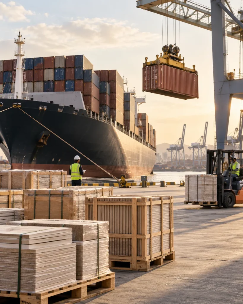 Palés de producto junto a un buque portacontenedores en un puerto, listos para embarcar